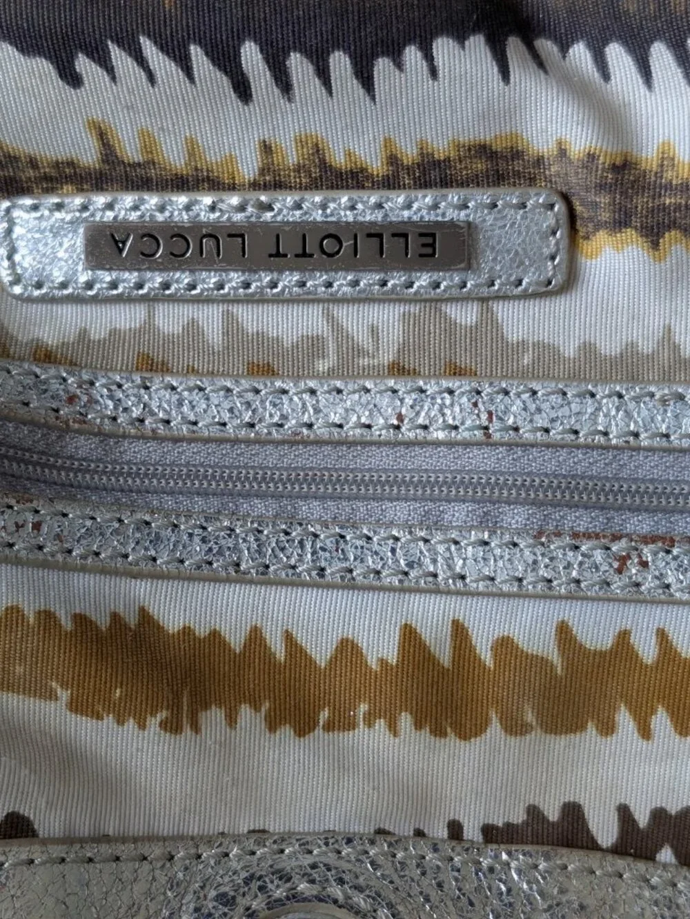 ELLIOTT LUCCA CARVELA SOLID SILVER WOVEN LEATHER HANDBAG